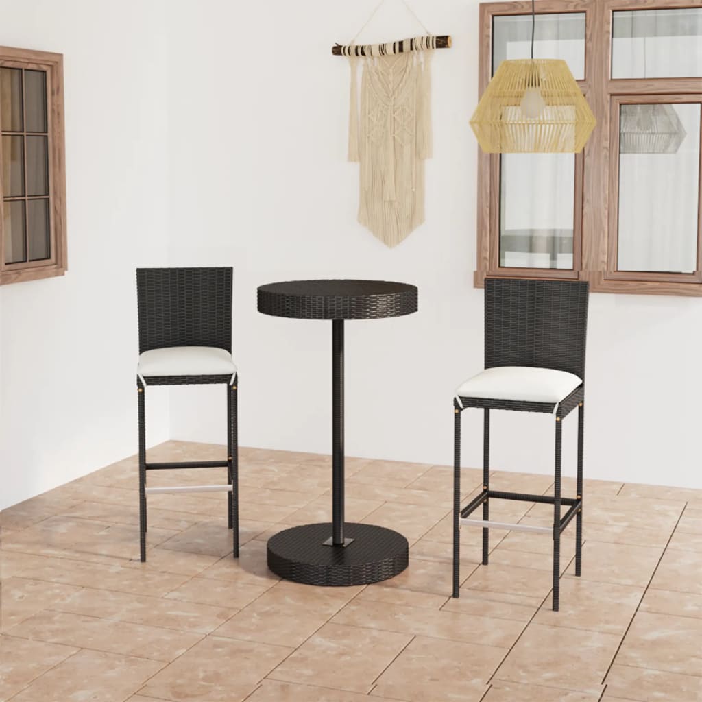 Vetonek Set muebles bar jardín 3 piezas y cojines ratán sintético negro