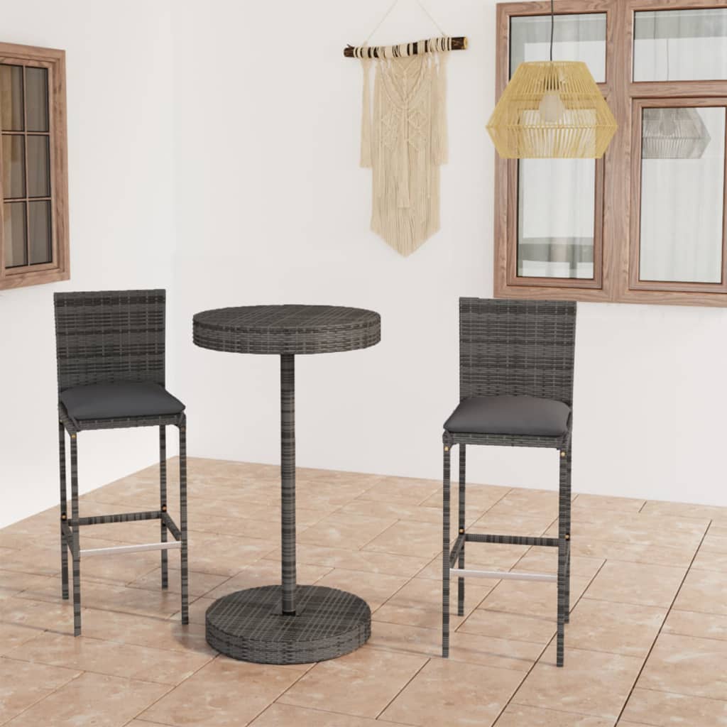 Vetonek Set muebles bar jardín 3 piezas y cojines ratán sintético gris