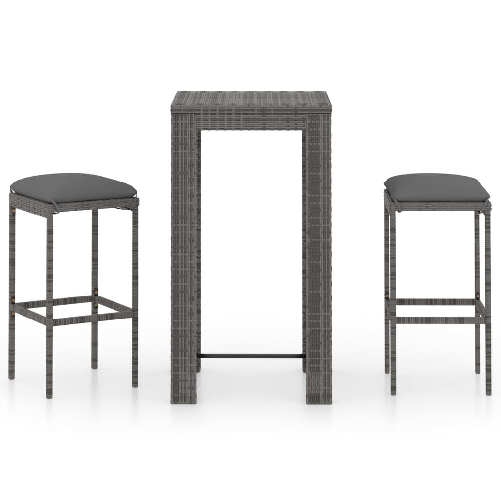 Set muebles bar jardín 3 piezas y cojines ratán sintético gris vidaXL