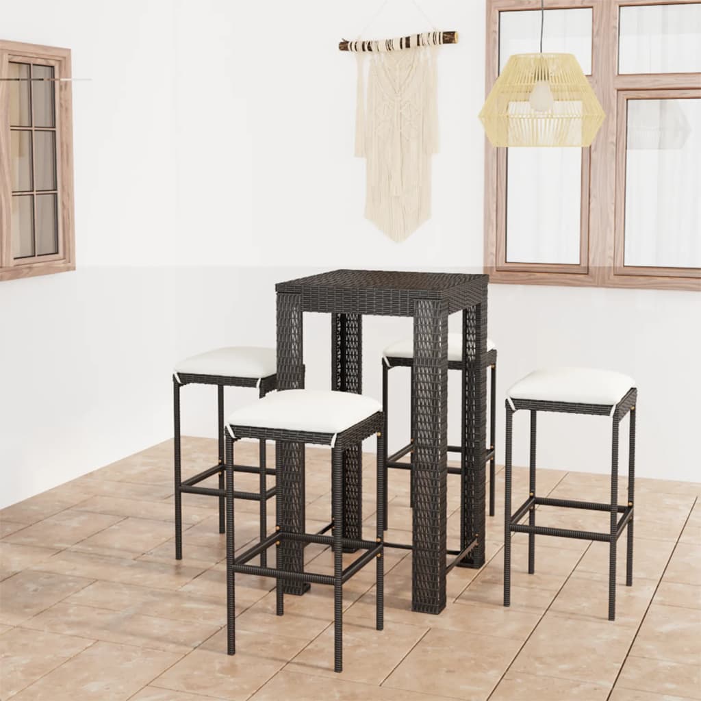 Vetonek Set muebles bar jardín 5 piezas y cojines ratán sintético negro