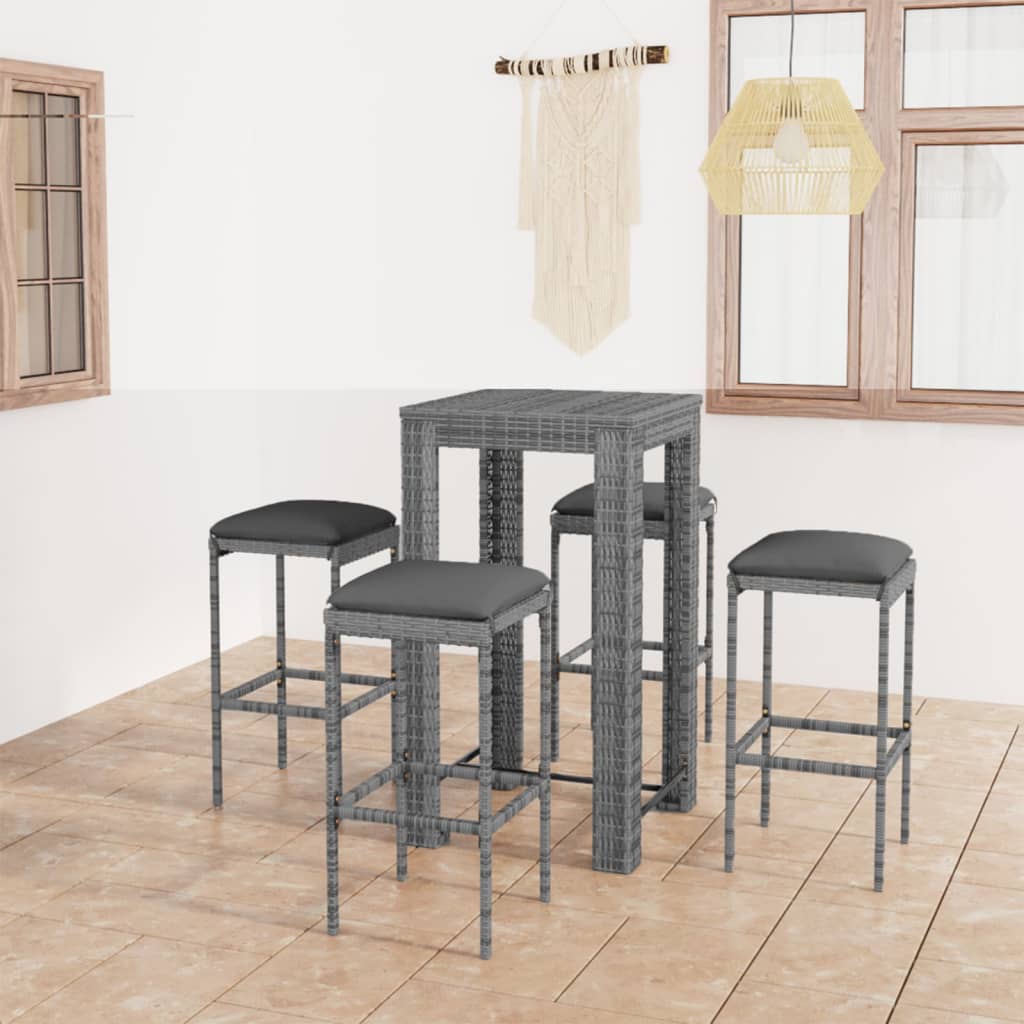 Vetonek Set muebles bar jardín 5 piezas y cojines ratán sintético gris