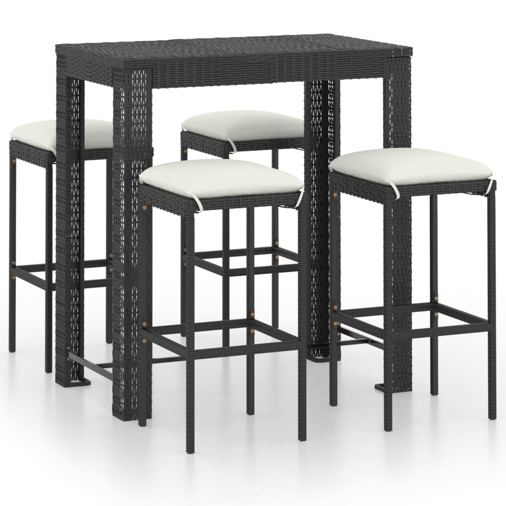 Set muebles bar jardín 5 piezas y cojines ratán sintético negro vidaXL