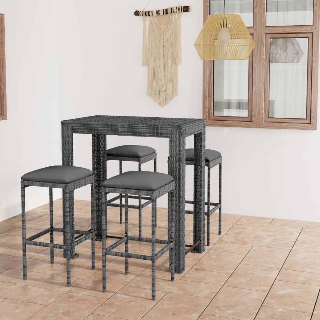 Vetonek Set muebles bar jardín 5 piezas y cojines ratán sintético gris