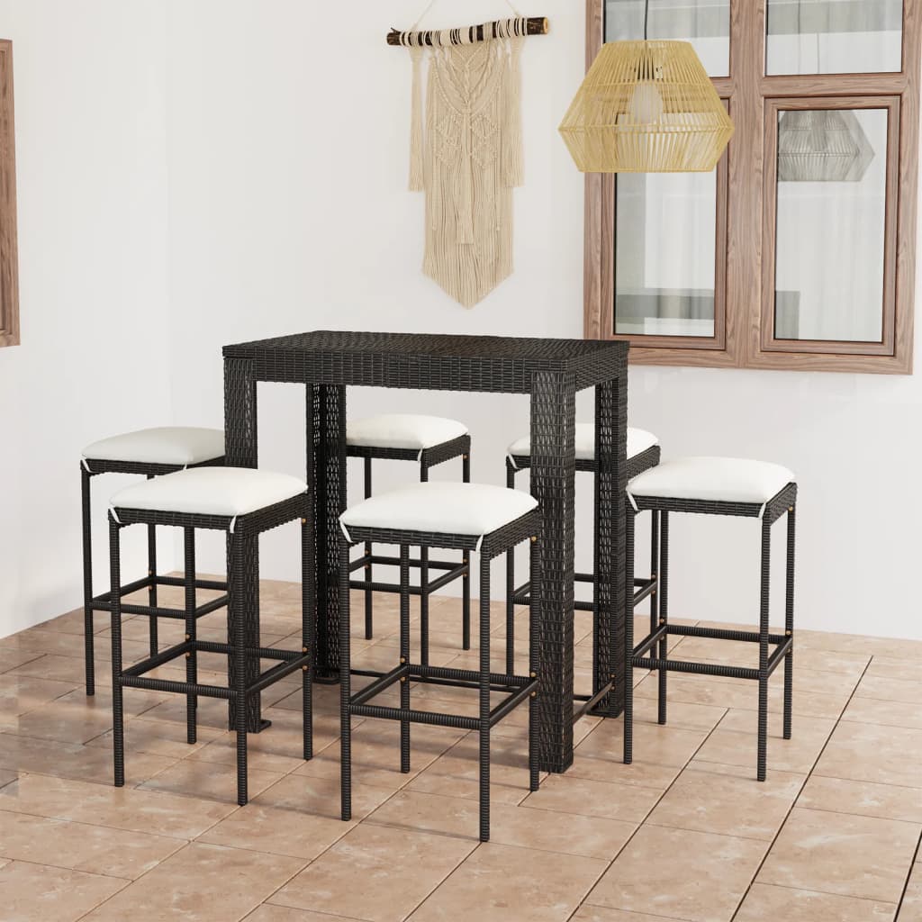 Vetonek Set muebles bar jardín 7 piezas y cojines ratán sintético negro