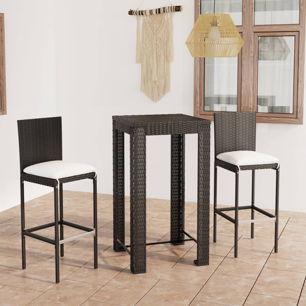 Vetonek Set muebles bar jardín 3 piezas y cojines ratán sintético negro