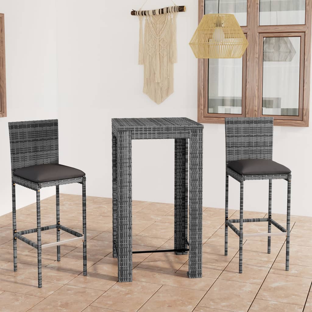 Vetonek Set muebles bar jardín 3 piezas y cojines ratán sintético gris