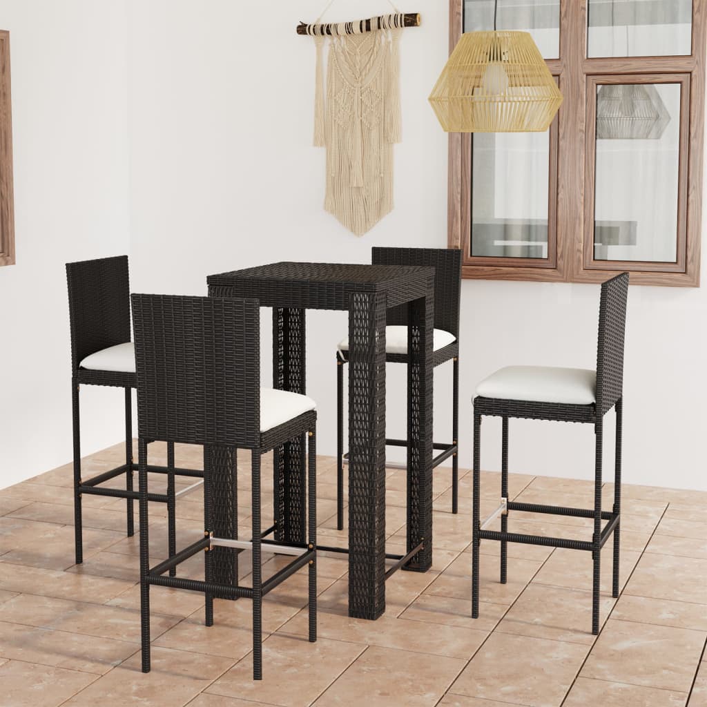 Vetonek Set muebles bar jardín 5 piezas y cojines ratán sintético negro