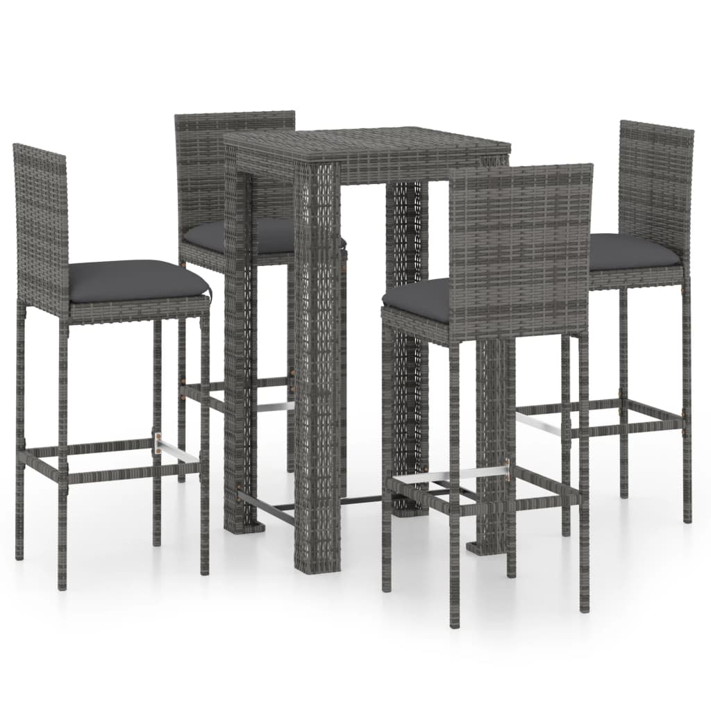 Set muebles bar jardín 5 piezas y cojines ratán sintético gris vidaXL