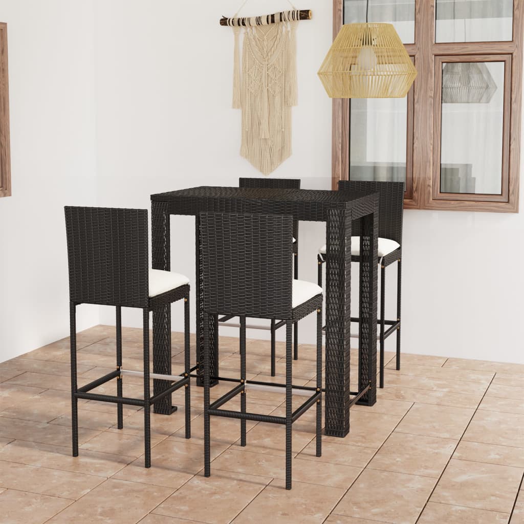 Vetonek Set muebles bar jardín 5 piezas y cojines ratán sintético negro