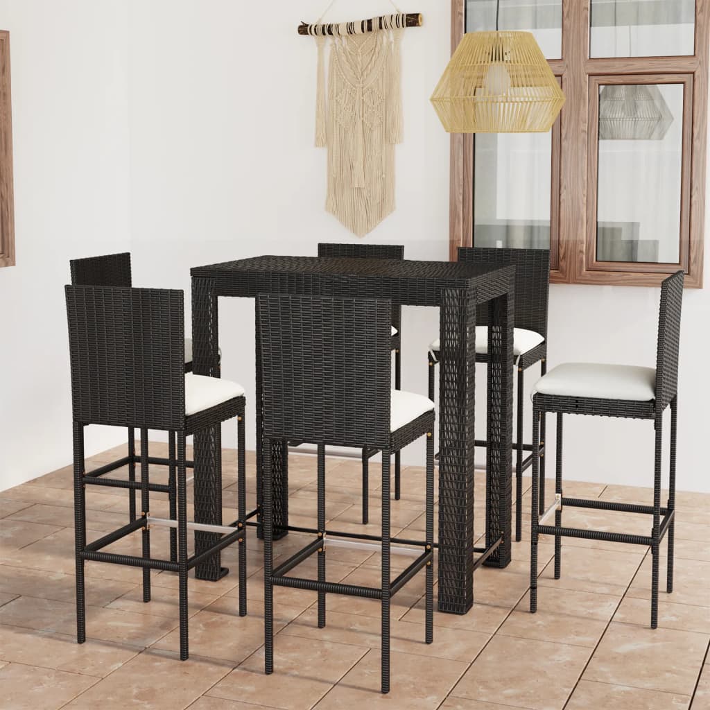 Vetonek Set muebles bar jardín 7 piezas y cojines ratán sintético negro