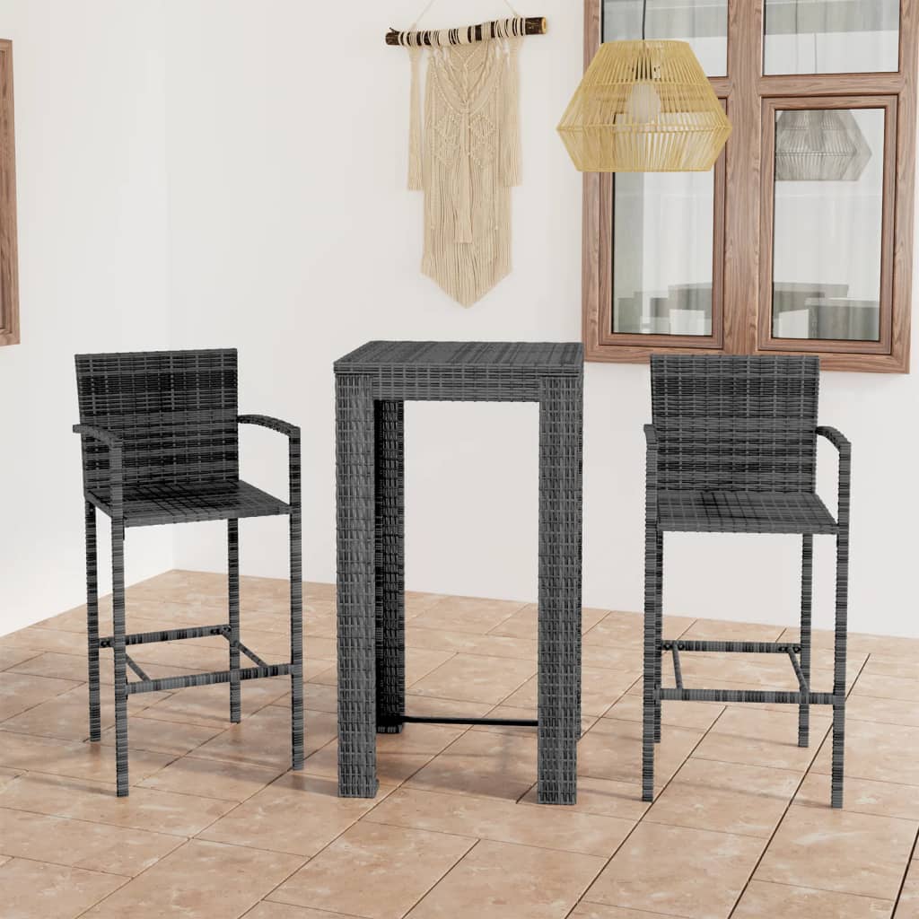 Vetonek Set muebles bar jardín 3 pzas ratán sintético reposabrazos gris