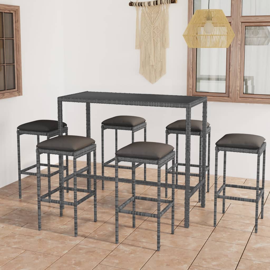 Vetonek Set muebles bar jardín 7 piezas y cojines ratán sintético gris