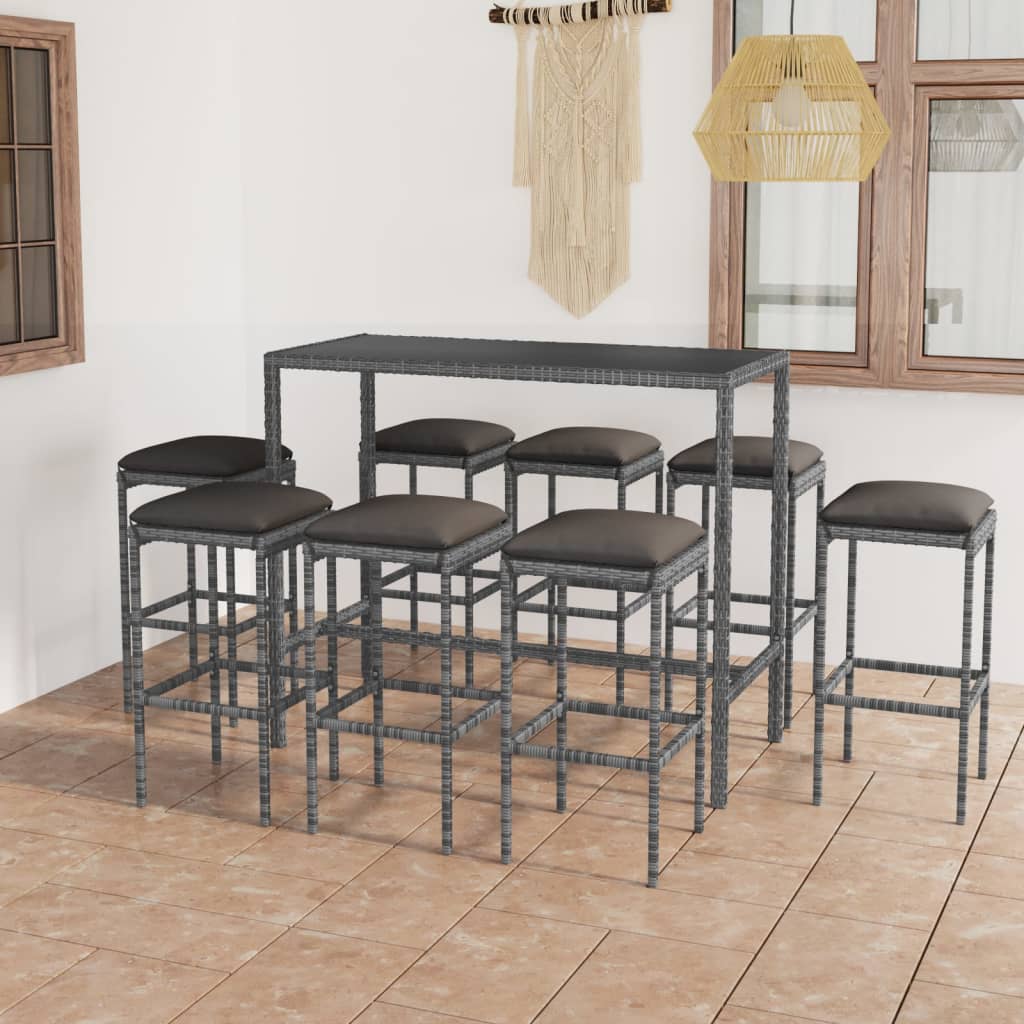 Vetonek Set muebles bar jardín 9 piezas y cojines ratán sintético gris