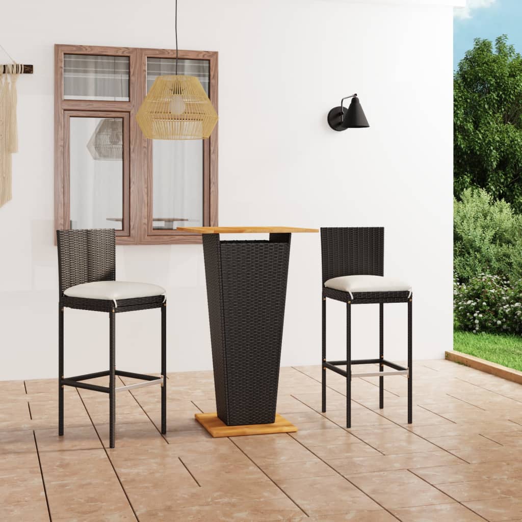 Vetonek Set de muebles de bar jardín 3 piezas y cojines ratán PE negro