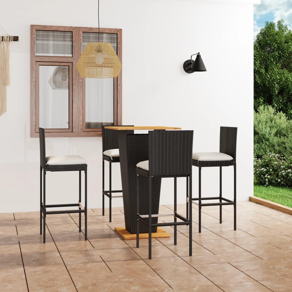 Vetonek Set de muebles de bar de jardín 5 pzas y cojines ratán PE negro