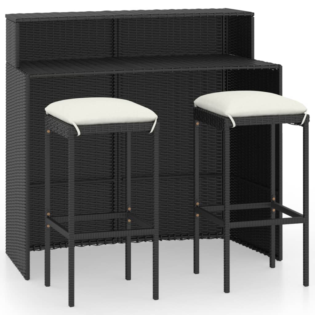 Set muebles de bar para jardín 3 piezas y cojines negro