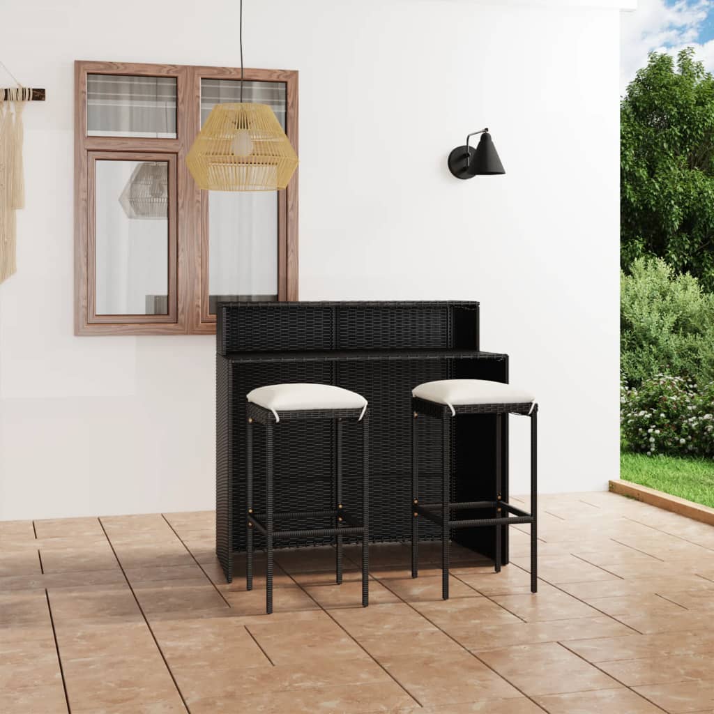 Vetonek Set muebles de bar para jardín 3 piezas y cojines negro