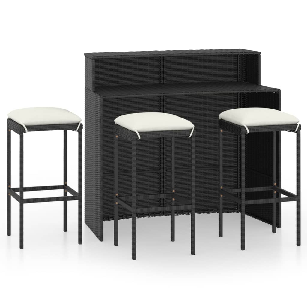 Set muebles de bar para jardín 4 piezas y cojines negro