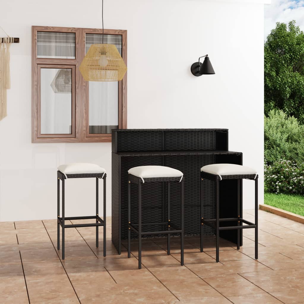 Vetonek Set muebles de bar para jardín 4 piezas y cojines negro