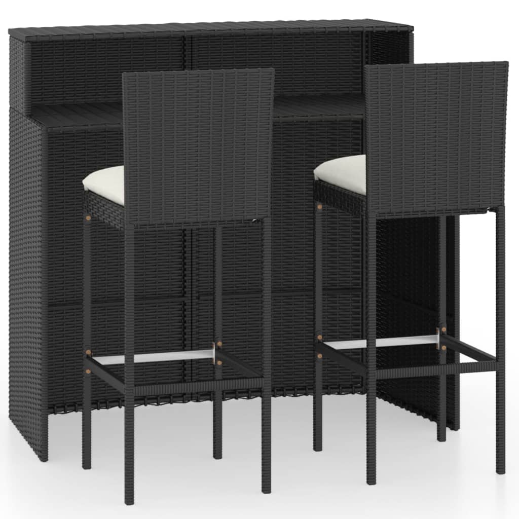 Set muebles de bar para jardín 3 piezas y cojines negro