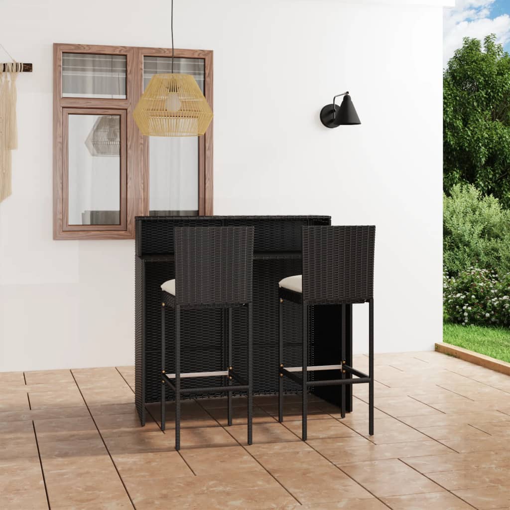 Vetonek Set muebles de bar para jardín 3 piezas y cojines negro