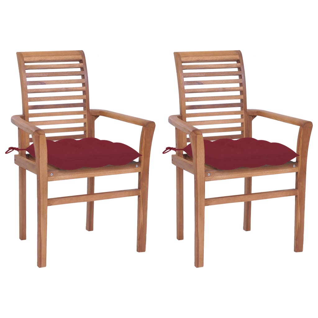 Vetonek Sillas de comedor 2 uds madera de teca con cojines rojo tinto