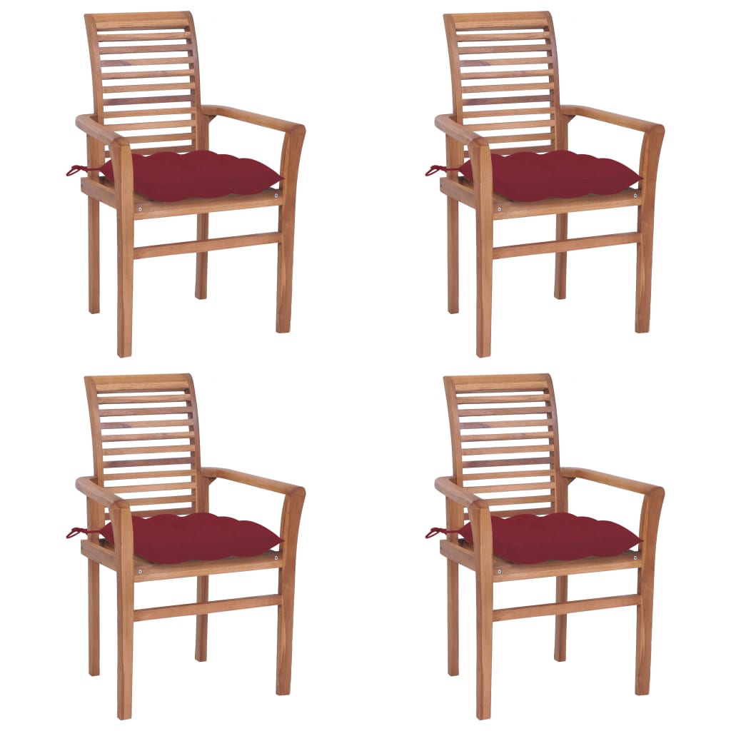 Vetonek Sillas de comedor 4 uds madera de teca con cojines rojo tinto