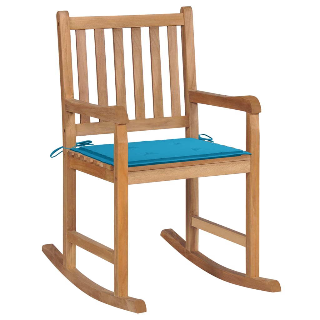 Vetonek Silla mecedora de madera maciza de teca con cojín azul