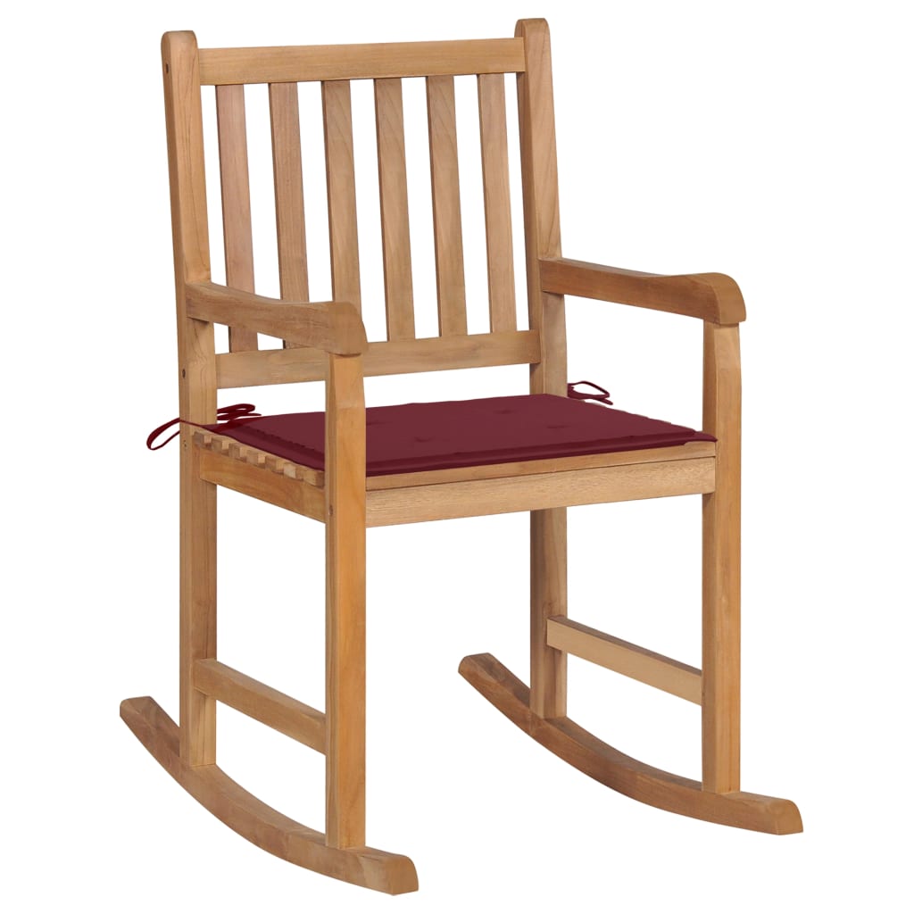 Vetonek Silla mecedora de madera maciza de teca con cojín rojo tinto