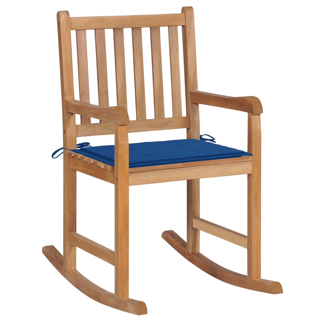 Vetonek Silla mecedora de madera maciza de teca con cojín azul royal