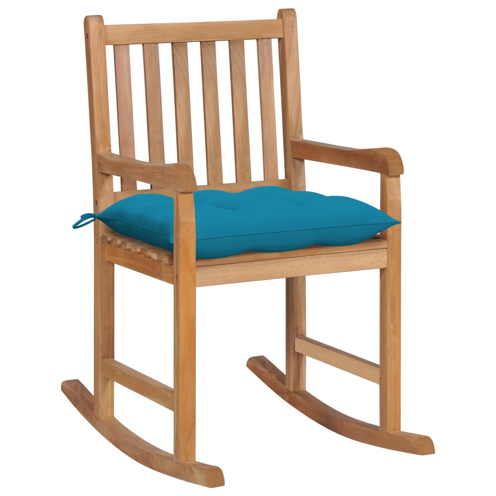 Vetonek Silla mecedora de madera maciza de teca con cojín azul claro