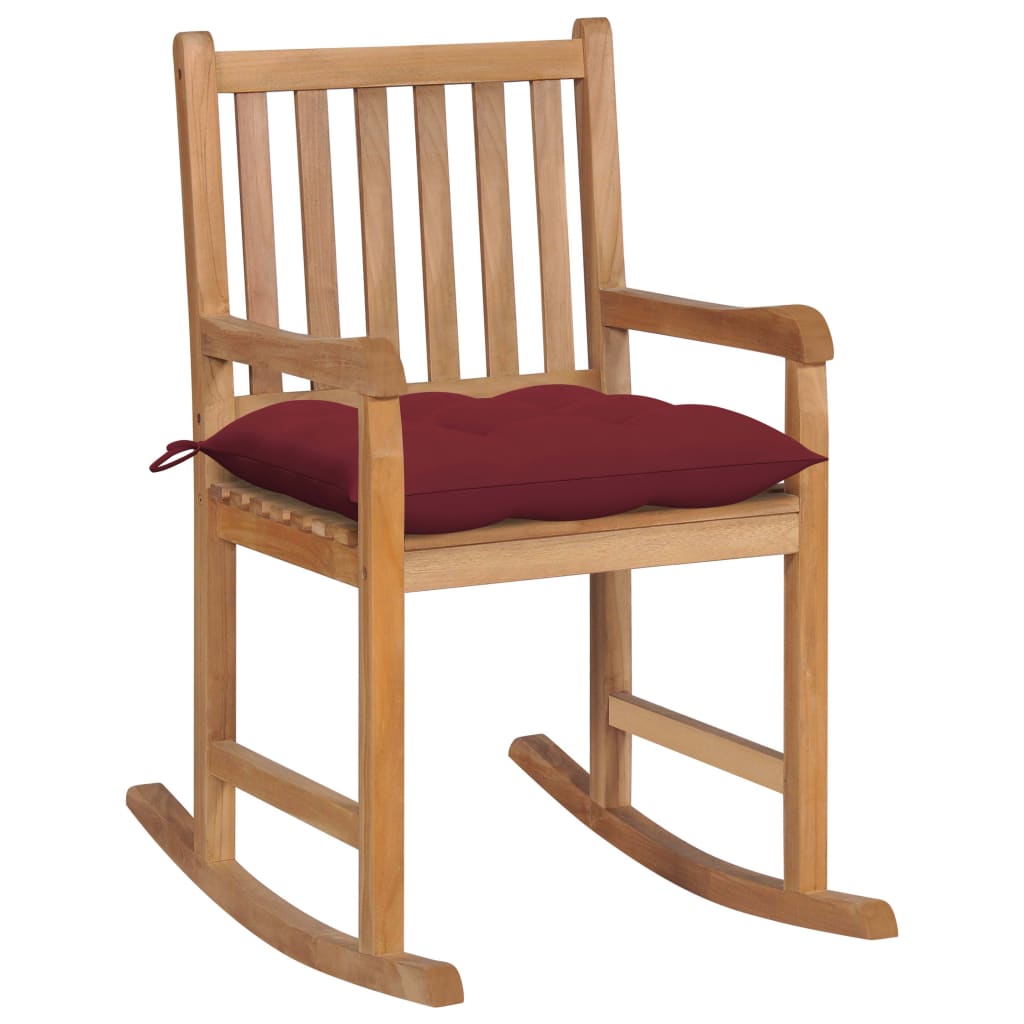 Vetonek Silla mecedora de madera maciza de teca con cojín rojo tinto