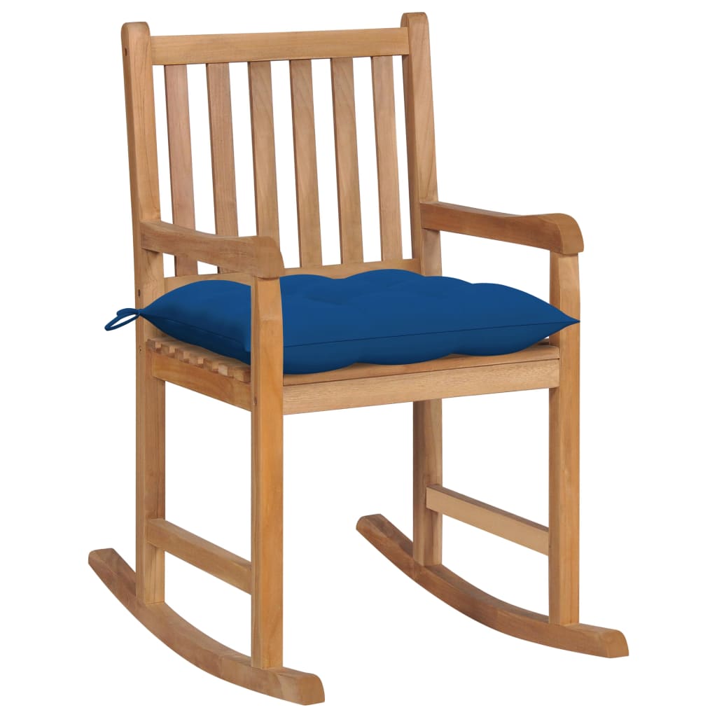 Vetonek Silla mecedora de madera maciza de teca con cojín azul