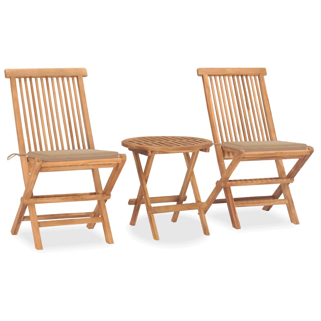 Vetonek Set comedor de jardín plegable 3 piezas madera de teca cojines