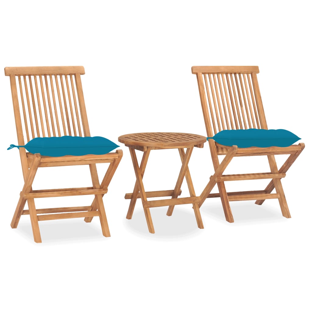 Vetonek Set comedor de jardín plegable 3 piezas madera de teca cojines