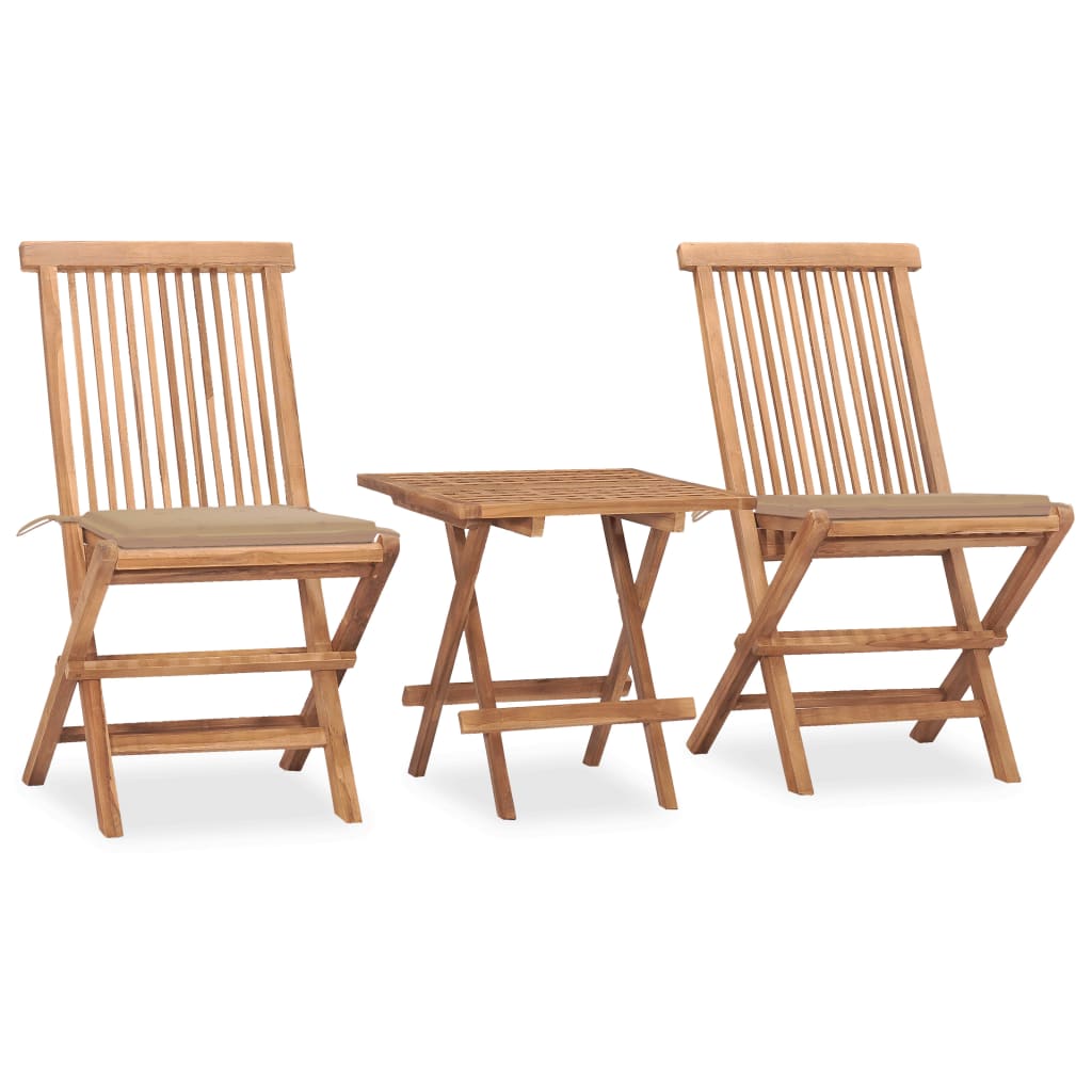 Vetonek Set comedor de jardín plegable 3 piezas madera de teca cojines