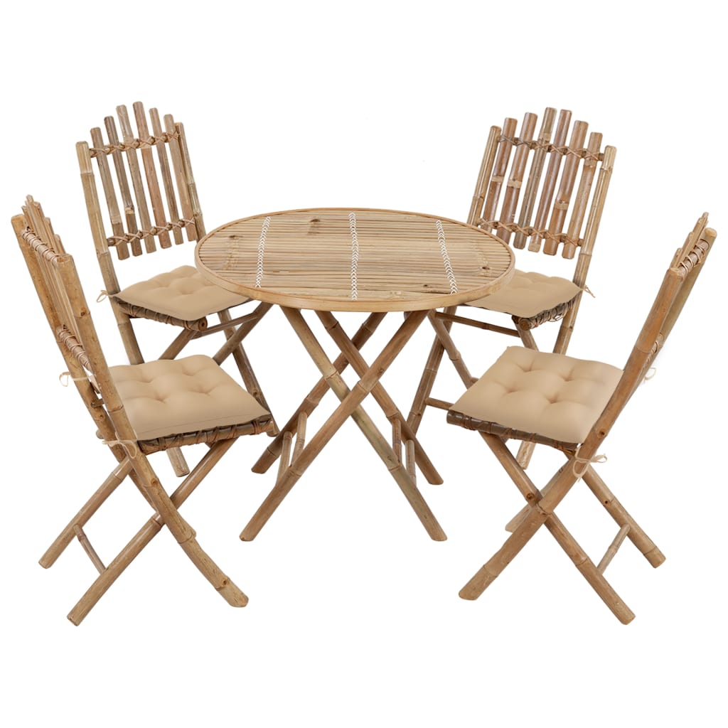 Vetonek Set de comedor de jardín plegable con cojines 5 piezas bambú