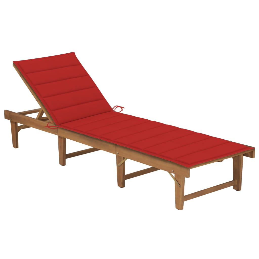 Tumbona plegable de madera de acacia con cojín rojo, ideal para jardín y patio, resistente a la intemperie.