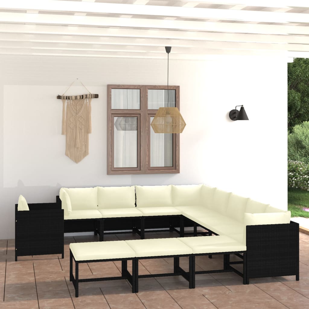 Vetonek Set de muebles de jardín 12 pzas cojines ratán sintético negro