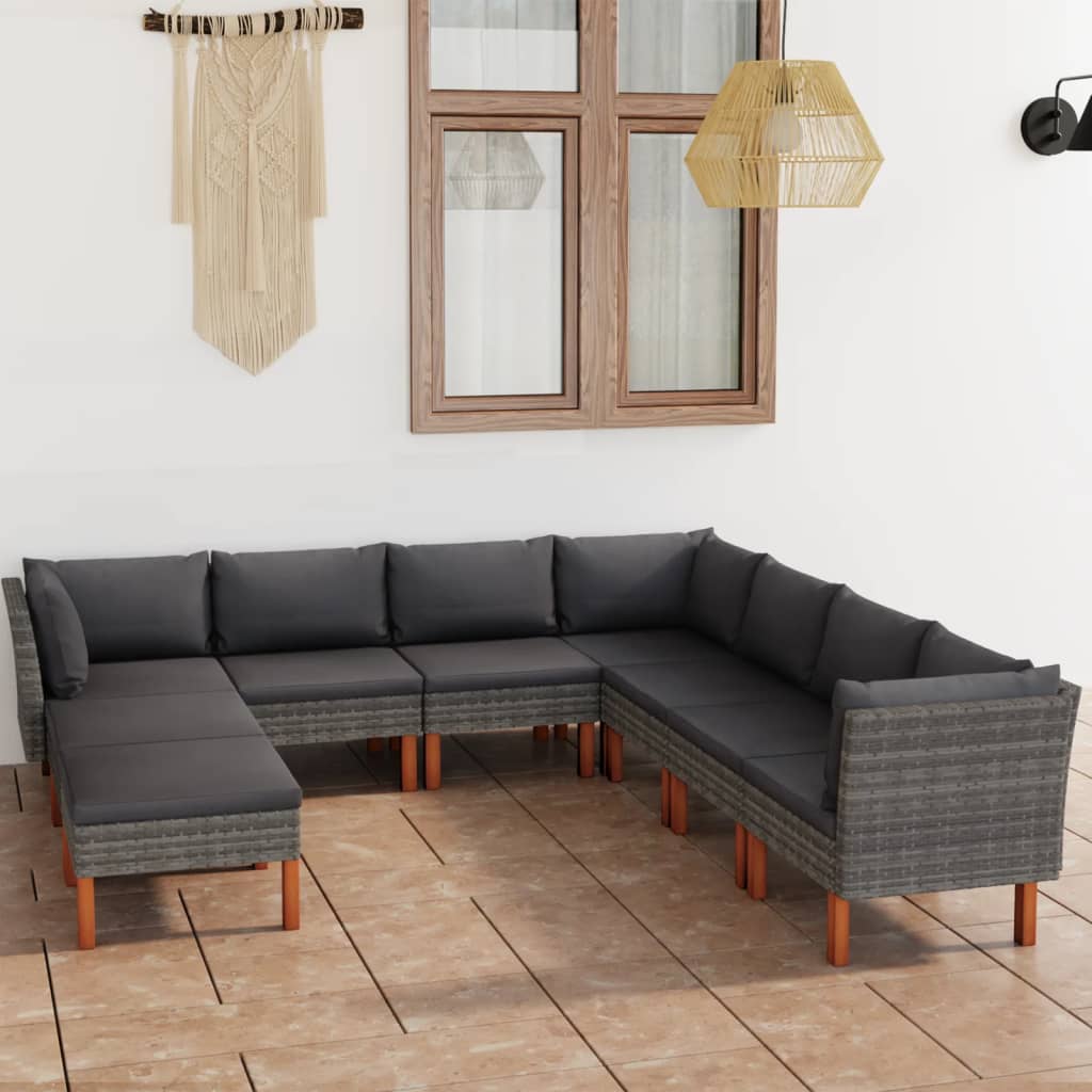 Vetonek Set de muebles de jardín 9 pzas y cojines ratán sintético gris