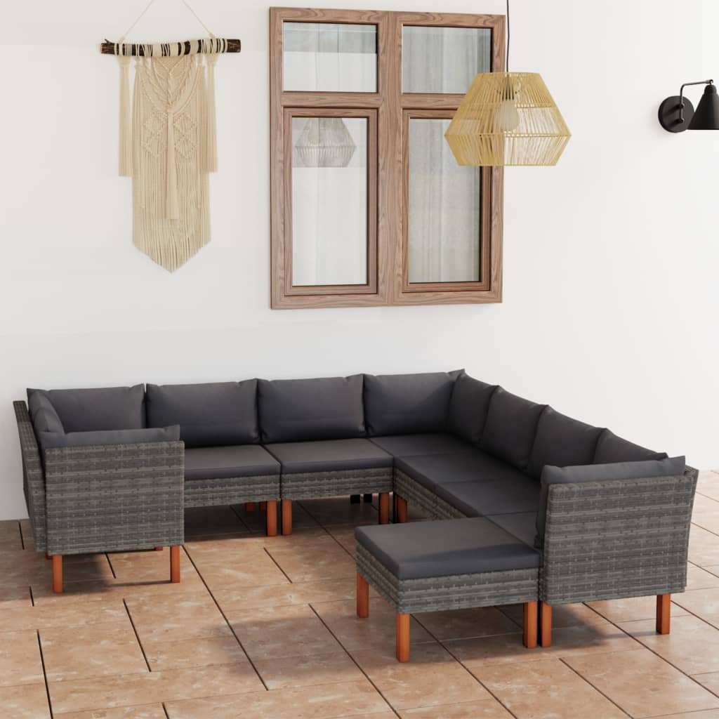 Vetonek Set de muebles de jardín 9 pzas y cojines ratán sintético gris