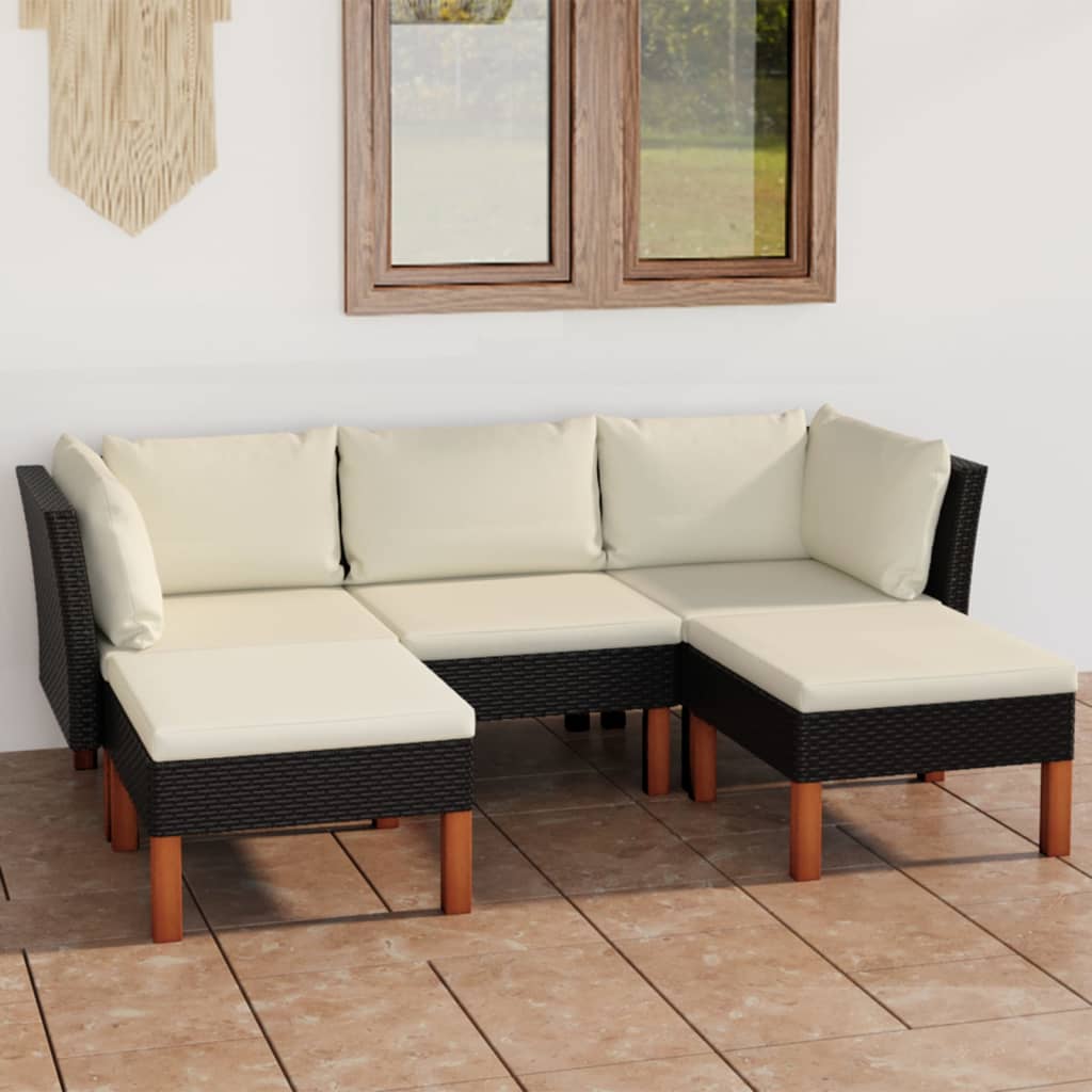 Vetonek Set de muebles de jardín 5 pzas y cojines ratán sintético negro