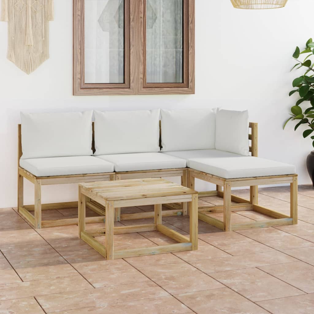 Vetonek Set de muebles de jardín 5 piezas bambú y cojines blanco crema