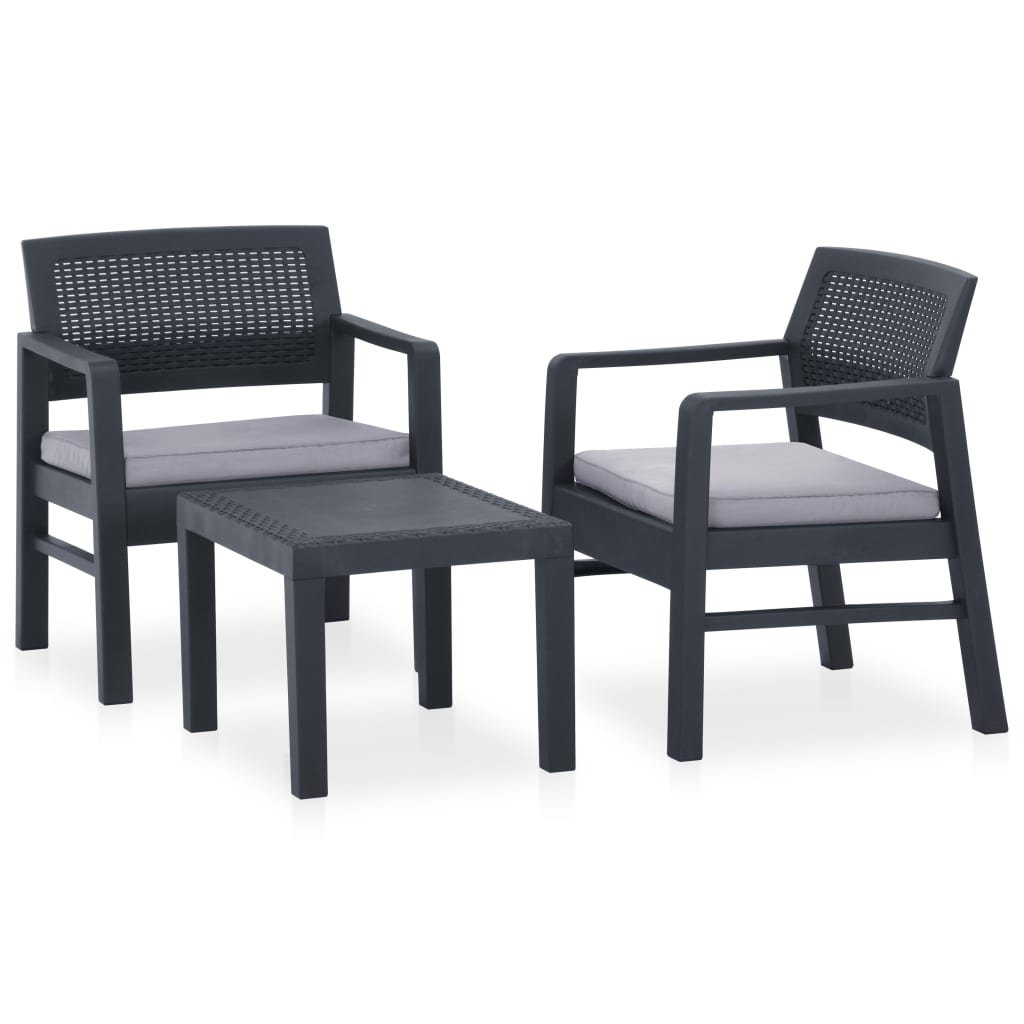 Set de muebles de jardín 3 piezas con cojines plástico gris vidaXL