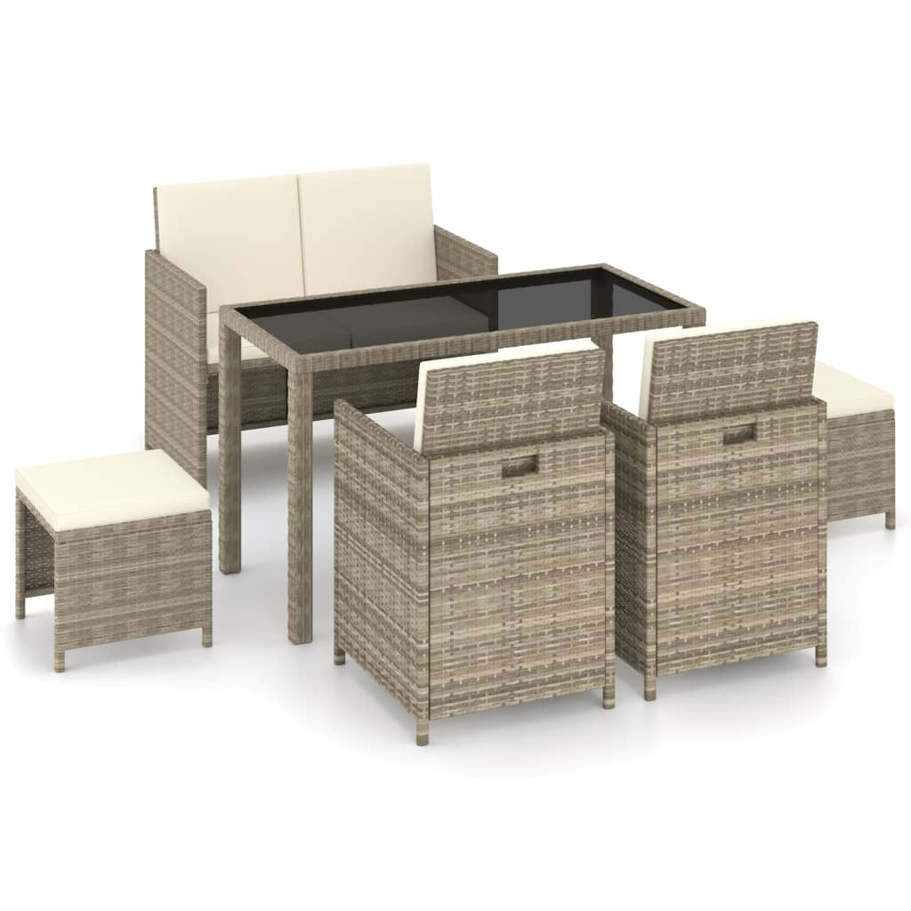 Vetonek Set comedor de jardín 6 piezas y cojines ratán sintético beige