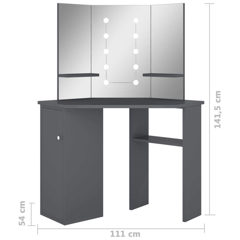 Tocador de esquina con LED gris 111x54x141,5 cm