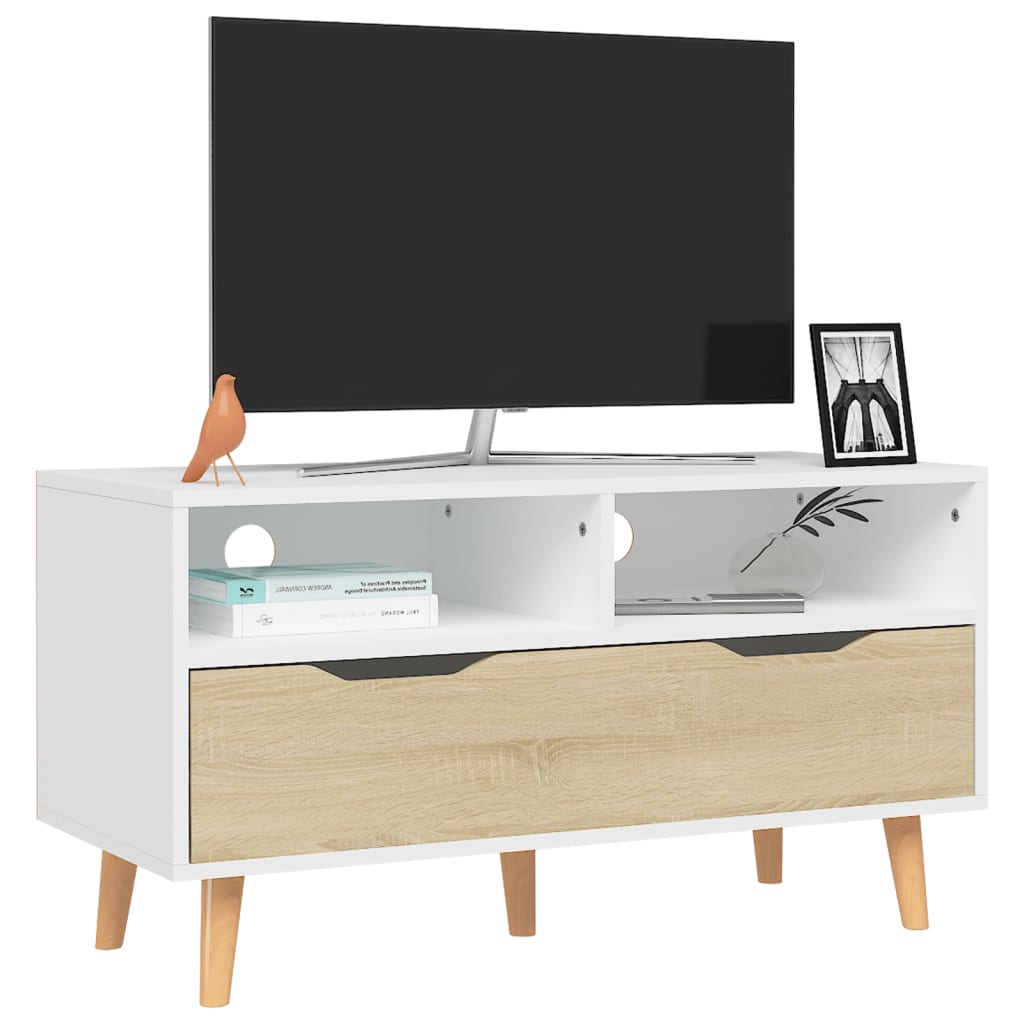 Mueble de TV madera de ingeniería blanco y roble 90x40x48,5 cm