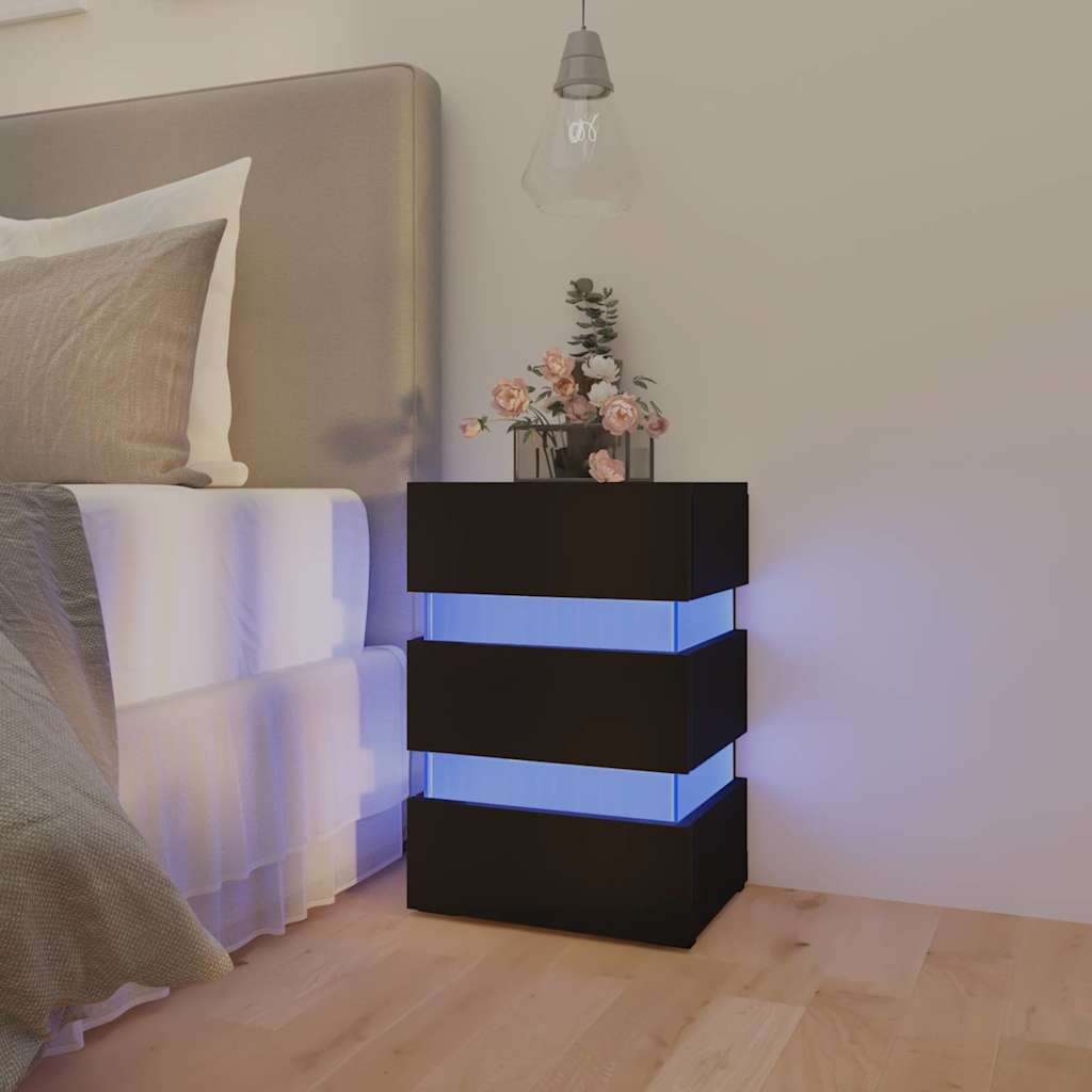 Vetonek Mesita de noche luz LED madera de ingeniería negra 45x35x67 cm