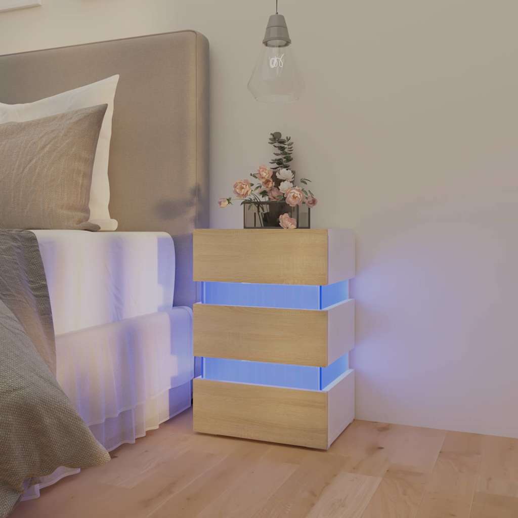 Vetonek Mesita noche LED blanco y Sonoma madera ingeniería 45x35x67 cm