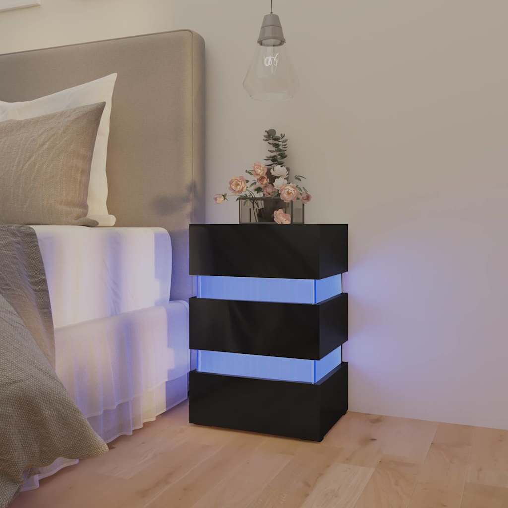 Vetonek Mesita de noche LED madera ingeniería negro brillo 45x35x67 cm